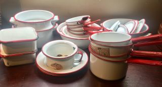 Vintage 27 Piece Red And White Enamelware Federal Pots Pans Fridge Dishes Plate