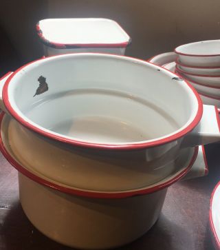 Vintage 27 Piece Red And White Enamelware Federal Pots Pans Fridge Dishes Plate 4