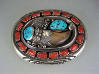 Old J W Toadlena Navajo Sterling Silver Turquoise Red Coral Cluster Belt Buckle