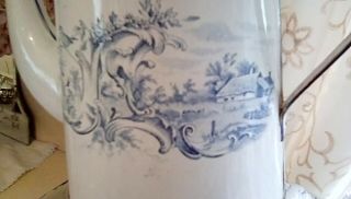 Antique Enamelware Coffee Pot In Blue And White With Cottage,  Garden,  And Swans