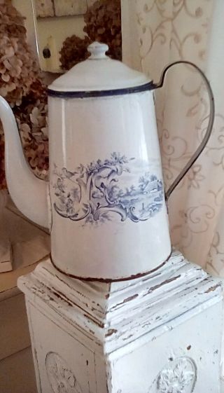 Antique Enamelware Coffee Pot in Blue and White with Cottage,  Garden,  and Swans 2