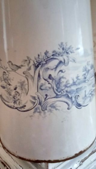 Antique Enamelware Coffee Pot in Blue and White with Cottage,  Garden,  and Swans 3