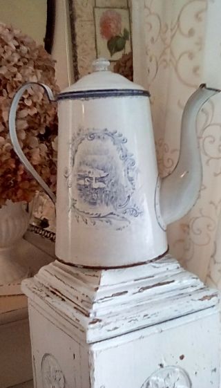 Antique Enamelware Coffee Pot in Blue and White with Cottage,  Garden,  and Swans 4
