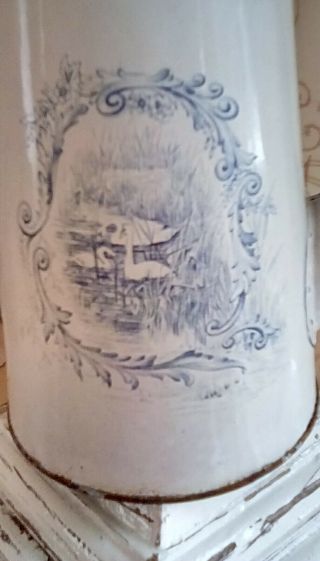 Antique Enamelware Coffee Pot in Blue and White with Cottage,  Garden,  and Swans 5