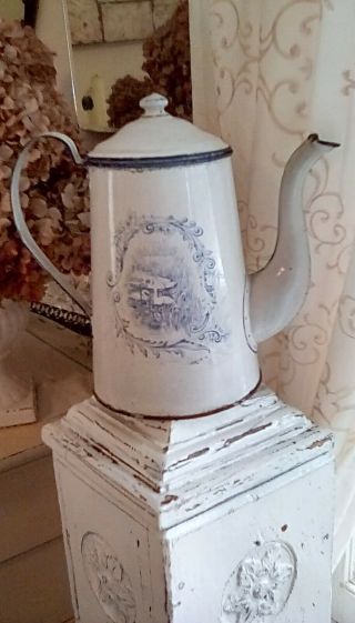 Antique Enamelware Coffee Pot in Blue and White with Cottage,  Garden,  and Swans 7