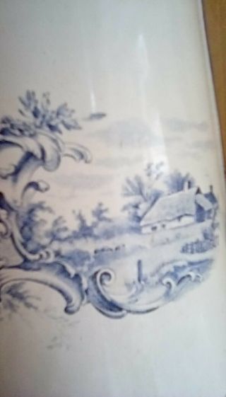 Antique Enamelware Coffee Pot in Blue and White with Cottage,  Garden,  and Swans 8