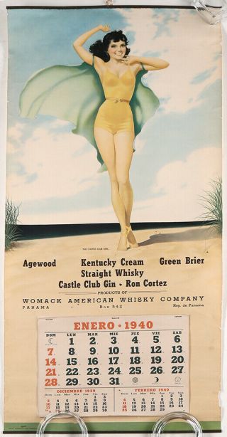 1940 Art Deco Complete Pin - Up Whisky Advertising Calendar Caped Bathing Beauty