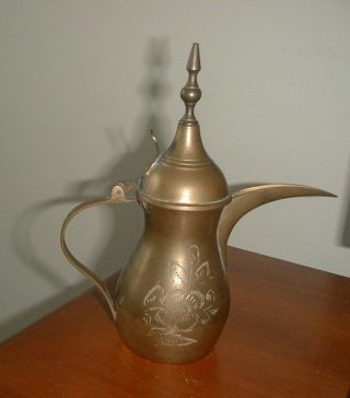 Brass Middle Eastern Arab Coffee Pot Dallah Saudi Arabia Engraved with Hallmark 2