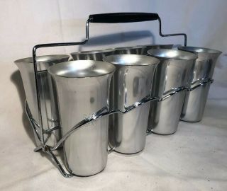 Mid Century 1960’s Color Craft Aluminum Silver 8 Drinking Glasses W/rack Vintage