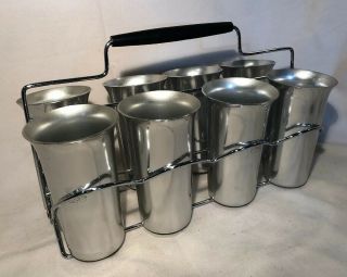 Mid Century 1960’s COLOR CRAFT Aluminum Silver 8 Drinking Glasses W/Rack Vintage 2