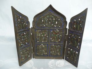Russian Antique Bronze Enameled Traveling 3 Way Folding Icon