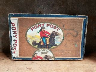 Vintage " Pony Post " Old Wooden Horse Rider Cigar Box Early American