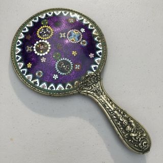 Vintage Antique Hand Held Metal Handle Mirror With Purple Painted Design