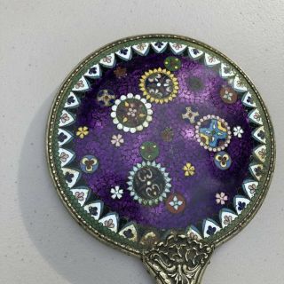 VINTAGE ANTIQUE HAND HELD Metal Handle Mirror With Purple Painted Design 4