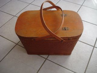 Vintage Mid Century Red Man Large Brown Woven Wicker Picnic Basket 1950 