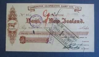 Old 1929 - Carrington Co - Operative Dairy Carterton - Zealand - Bank Check