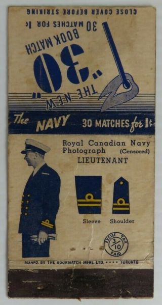 Vintage Wwii Canadian Navy Lieutenant Matchbook Cover (inv24354)