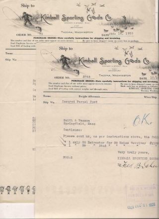 2 Purchase Orders Smith & Wesson From Kimball Sporting Goods Co.  Tacoma,  Wa 1929