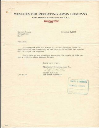 Winchester Repeating Arms Co Letter To Smith & Wesson Repair Of 38 Special 1926