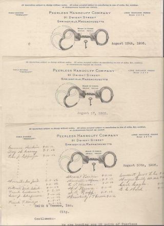 Peerless Handcuff Co.  3 Letters To Smith & Wesson Repair Orders,  Accounts 1926
