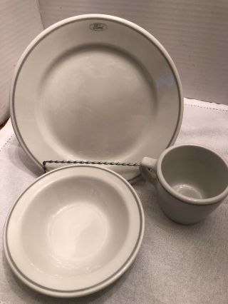 Ford Logo Cafeteria 3 Piece Place Setting 9 " Plate Bowl Cup Shenango White Gray