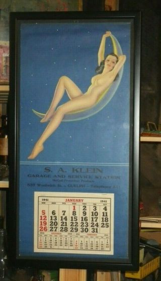 Billy Devorss Vintage Pin - Up Nude Honey - Moon 1941 Calendar Service Station Frame