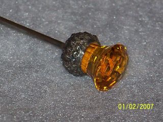 Vintage Antique Hat Pin Stick Pin - Silver Thistle And Amber Cut Stone