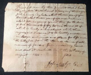 1834 Nashville,  Tn " Three Negro Girls " Bill Of Handwritten Doc