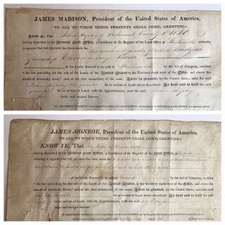 2 Land Grants Signed By President James Madison,  James Monroe,  Josiah Meigs