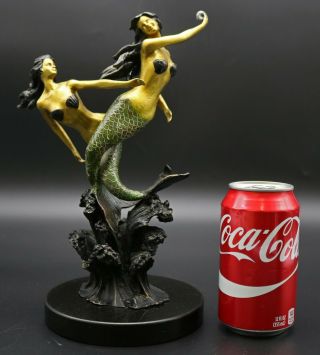 Enchanting Spi Gallery Vivid Bronze Mermaid Pair & Coral Statue Art Sculpture