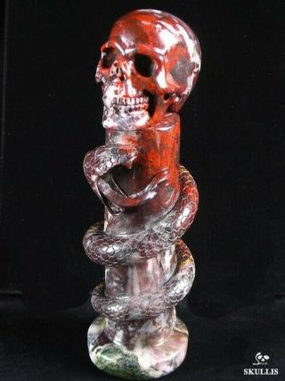 The Staff Of Wadjet - Chinese Bloodstone Carved Crystal Skull And Snake Sculpture