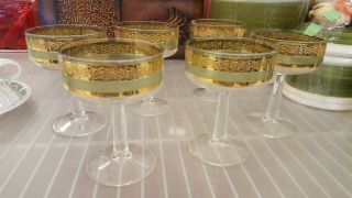 6 Culver Starlyte 22kt Gold Filigree Green Bands Stripe Champagne Glass Goblet