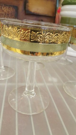 6 Culver Starlyte 22kt Gold Filigree Green Bands Stripe Champagne Glass Goblet 2