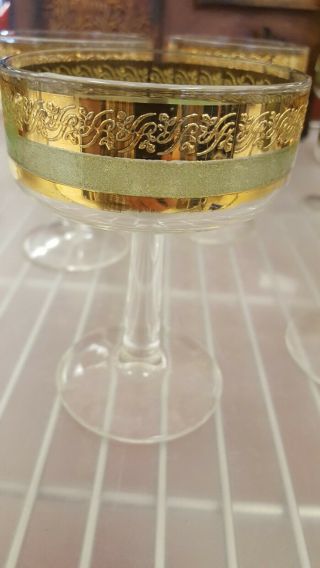 6 Culver Starlyte 22kt Gold Filigree Green Bands Stripe Champagne Glass Goblet 3