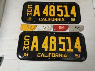 1951 - 52 - 53 - 54 - 55 California TRUCK license Plate pair,  A 48 514 2