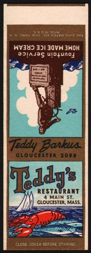 Vintage Matchbook Cover Teddys Restaurant Lobster Gloucester Ma Salesman Sample