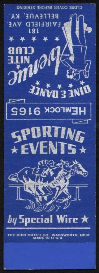 Vintage matchbook cover AVENUE NITE CLUB Bellevue KY Reds 1940 salesman sample 2