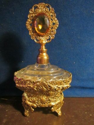 Vintage Jeweled Amber Glass Gold Filigree Perfume Bottle 7 Inches