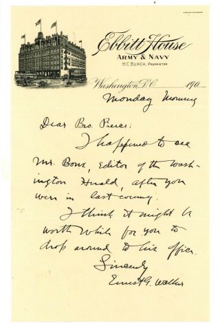 Rare Ebbitt House Army Navy Hotel Letterhead Washington,  Dc 1900