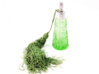 Vintage Art Deco Czech Hand Floral Engraved Green Blown Glass Perfume Bottle