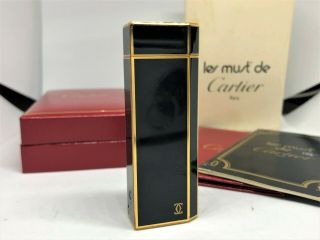 Auth Cartier Lacquer Pentagon 5 - Sided Lighter Black / Gold W Case & Card