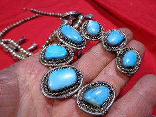 Old Native American Indian Squash Blossom Necklace Turquoise & Sterling Silver 10