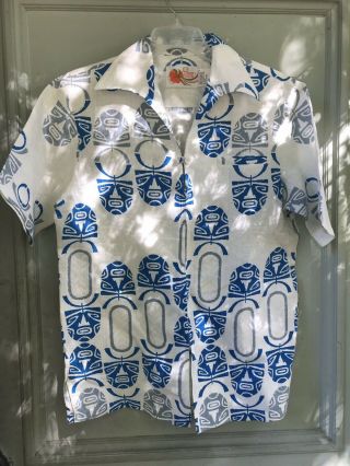 Rare 1960s 60s Iolani Liberty House Zip Front Tiki Mask Hawaiian Shirt M