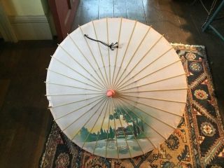 Vintage Hand Painted Chinese Hand Painted Silk Bamboo Parasol Box Tube