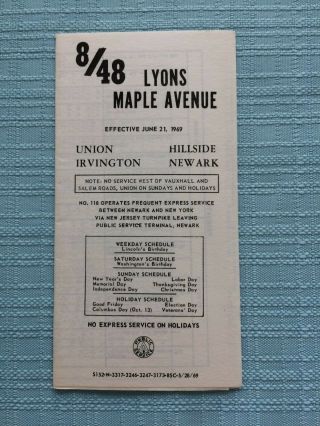 Public Service Jersey Bus Schedule Rte.  8/48 Lyons Maple Avenue Union Newark
