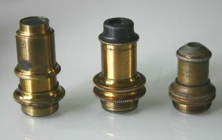 3 Brass Microscope Objectives In Brass Canisters Standard Threads 1&2 ",  1 ",  16mm
