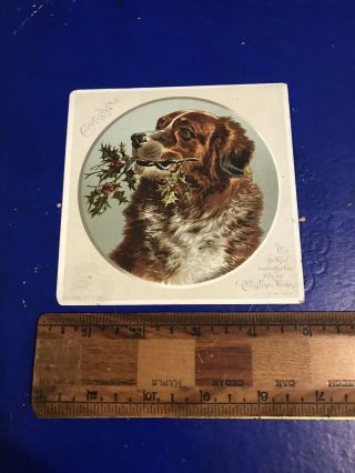 Victorian Christmas Card Large Dog With Holly