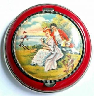 Vintage Art Deco Red Enameled Powder Compact With Courting Scene,
