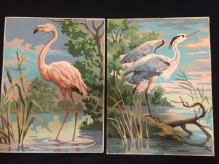 Vintage Pair 50s 60s Flamingo Oil Paint By Numbers Art Painting 12 X 16 Love