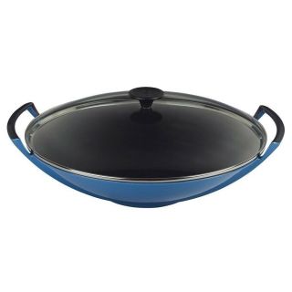 Le Creuset Cast Iron Wok With Metal Lid - Marseille Blue Enamelware.  Barely